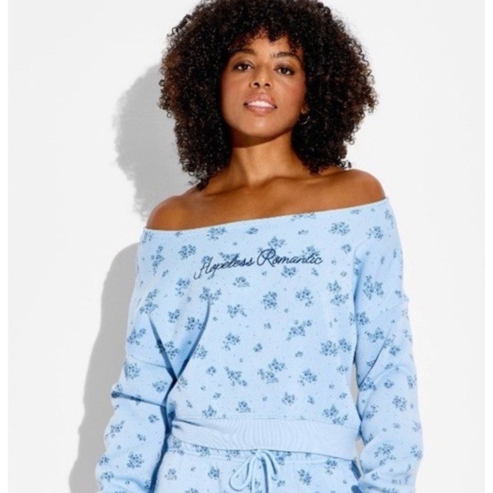 Mighty Fine Hopeless Romantic Floral Off Shoulder Cropped Sweatshirt Blue Size L